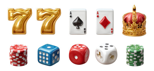 Golden Sevens and Playing Cards with Dice and Chips on Transparent Background