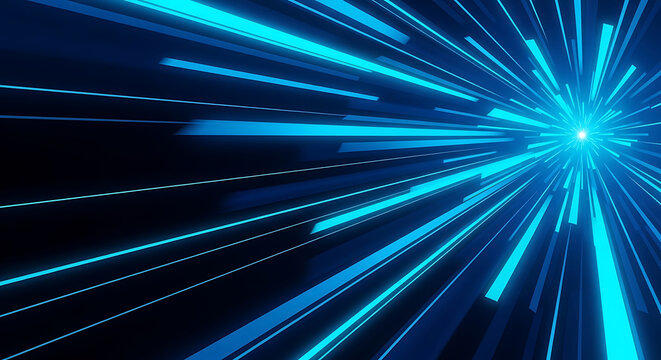 Blue light streaks radiating from a bright central point abstract speed
