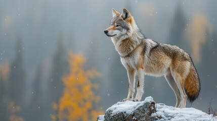 Naklejka premium Majestic gray wolf on snowy mountaintop, autumnal forest backdrop