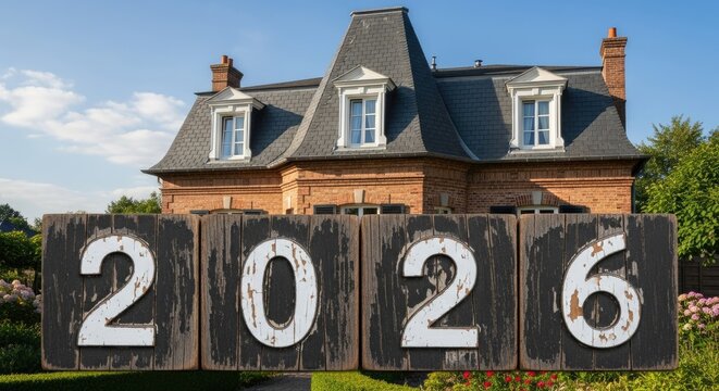 Elegant house facade with wooden blocks displaying the year 2026 - Powered by Adobe