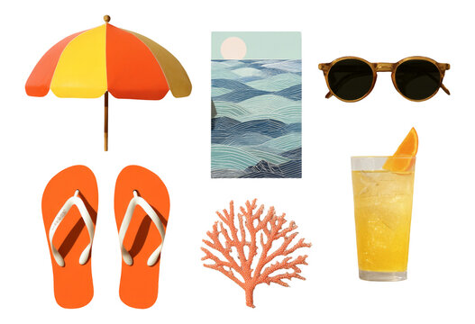 Vibrant Summer Collection with Umbrella, Sunglasses, Coral, and Refreshing Drink