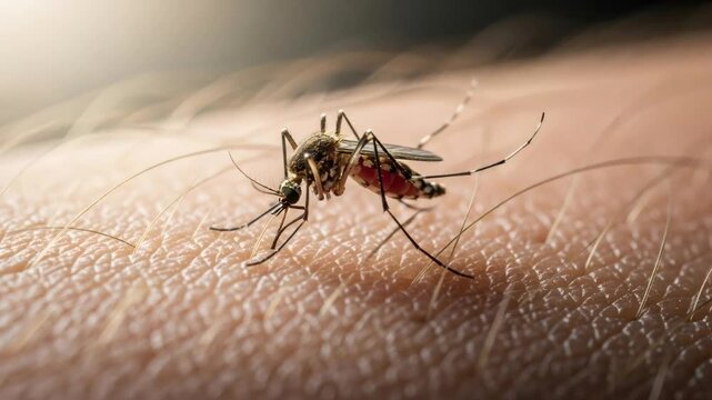 Mosquito on human skin with full red abdomen. Common pest and insect bite. Health risk and disease vector concept.