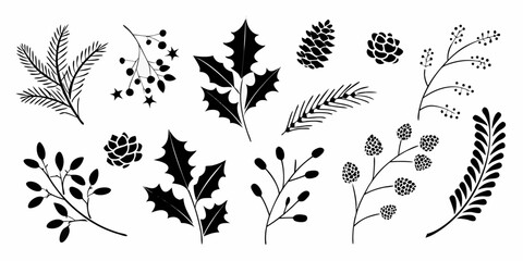 Collection of black silhouette winter holiday botanical elements including pine needles holly berries and pinecones