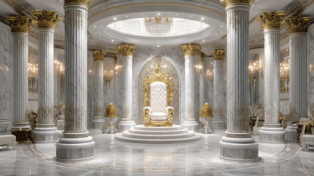 Luxurious and Opulent Interior Design of Grand Hall with Majestic Throne Surrounded by Elegant Pillars and Decor