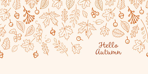 Hand drawn autumn leaves acorns and berries border with hello autumn text © Rathindranath
