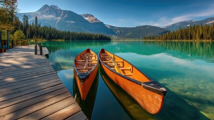 Serene Lake Landscape with Canoes Resting on Calm Waters Surrounded by Majestic Mountains and Lush Green Forests