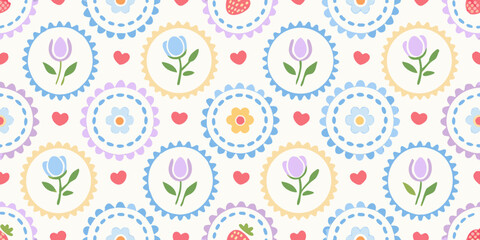 Charming seamless pattern with pastel flowers hearts and strawberries on a light background