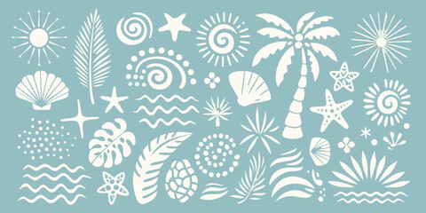 Collection of white tropical beach elements and summer symbols on a light blue background