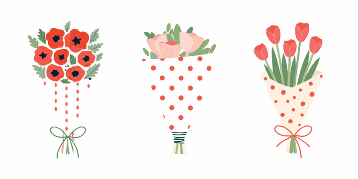 Three hand drawn floral bouquets featuring poppies tulips and roses in polka dot wrapping paper