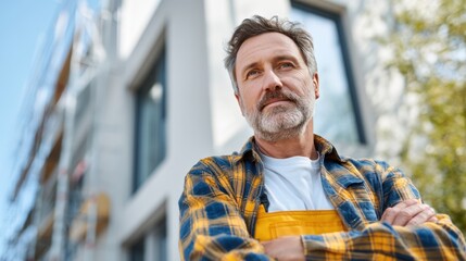 Obraz premium Thoughtful construction worker in plaid shirt and apron standing confidently outside a modern building site with arms crossed