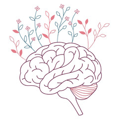 Brain with growing plants representing mental health