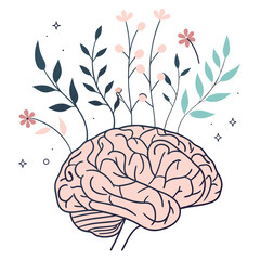 Brain growing flowers symbolizing mental health and wellness