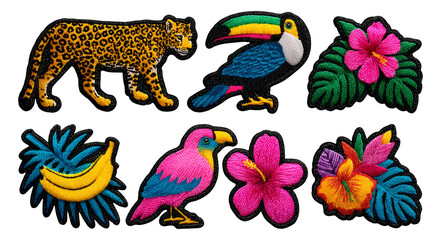 Obraz premium Vibrant Jungle Embroidered Patches Featuring Colorful Animals and Flowers