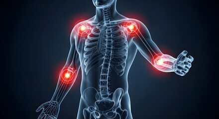 Medical illustration of the human body, with painful joints (shoulder, elbow, wrist) highlighted in red, representing orthopedic conditions, arthritis, pain, injury, medical diagnosis and health issue