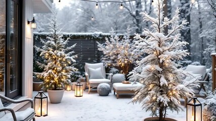 Cozy Winter Patio with Snow and Twinkling Lights. - Powered by Adobe