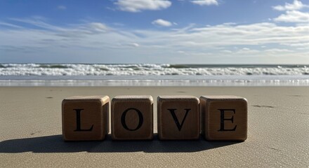 Love written with blocks on a beach with ocean in background