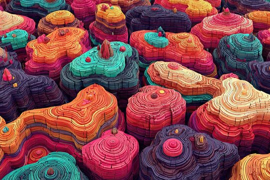 Layered, colorful wood piles with unique shapes and textures
