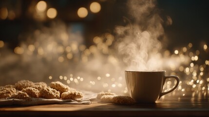 Cozy Evening with Fresh Cookies and Hot Beverage Surrounded by Soft Glow of Lights and Warm Ambience