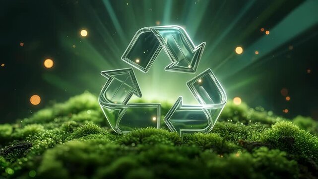 Dynamic glowing recycle arrows filled with leaf patterns representing environmental regeneration and circular sustainability