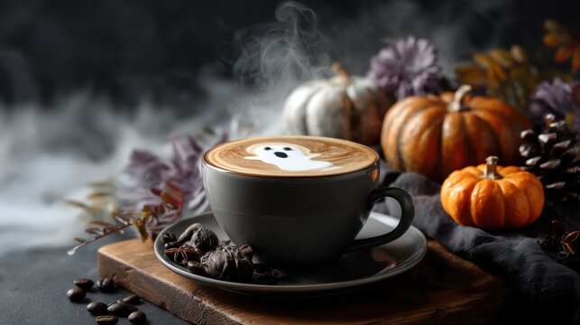 Cozy cup of ghostly latte art with pumpkins and autumn decorations creating a warm seasonal atmosphere