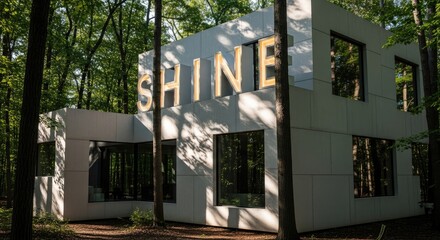 Modern home design in a secluded forest location with shine sign