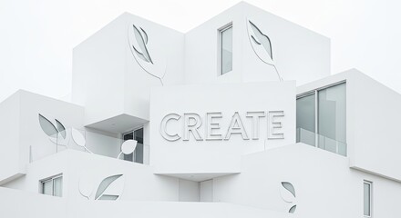Modern Minimalist Architecture Design Featuring White Building and Leaf Motifs