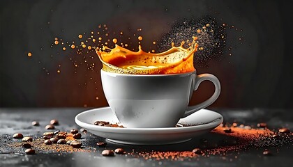 Coffee Splash Art: Dynamic Cup with Exploding Liquid and Beans