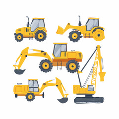 Collection of Yellow Construction Vehicles and Machinery on a White Background