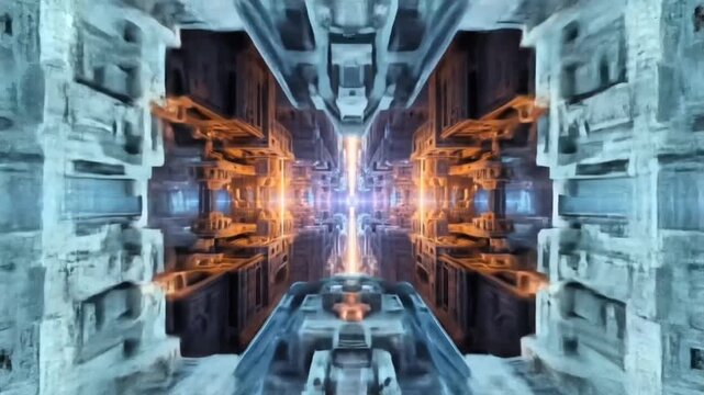 Futuristic industrial tunnel with glowing blue core forming dynamic mechanical sci-fi motion environment. seamless looping time-lapse 4k video background
