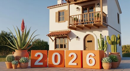 Realistic house front with plants and year 2026 blocks future concept