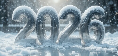 2026 Snowy Chrome Reflective silver metal numbers 2026, covered with thick fluffy snow, placed on an icy surface in a winter atmosphere. Represents a bright and chilly new year's start.