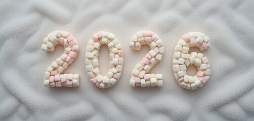 2026 Soft Sweets The numbers 2026 formed by tiny pink and white marshmallows, resting on a fluffy white blanket surface. Cute and sweet holiday concept image.