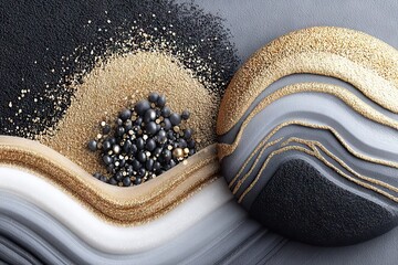 Textured gold, black, and gray art with spheres and swirling bands