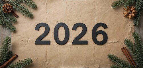 2026 Festive Vintage Black numbers on an aged kraft paper background, framed by pine branches, pine cones, and cinnamon sticks. Natural and rustic New Year's atmosphere image.