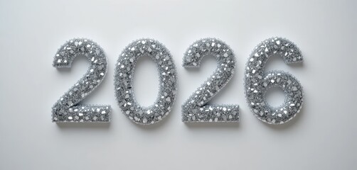 2026 Diamond Glitter The numbers 2026 covered in a shimmering silver diamond or glitter-like texture, set against a white background. Represents luxury and festive cheer for the new year.
