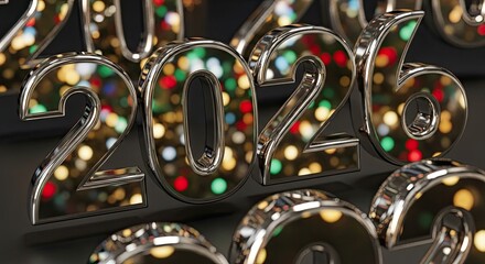 Shiny Metallic 2026 New Year Celebration with Festive Bokeh Background