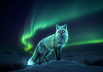 A fox stands on a snowy peak beneath the vibrant green and blue glow of the aurora borealis, its eyes shining brightly.