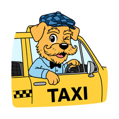 cartoon friendly dog taxi driver winks from yellow cab illustration © Satoru Sketches