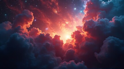 Ethereal Cosmic Sky with Dramatic Glowing Red Clouds and Stars - Fantasy Dreamscape Background