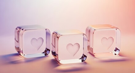 Three Transparent Cubes with Hearts Symbolizing Love and Affection in soft lighting