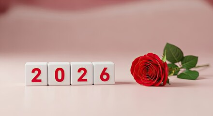 Upcoming year 2026 celebration with red rose on pastel background