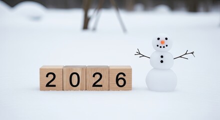 Welcome the year 2026 with a cute snowman on a snowy day