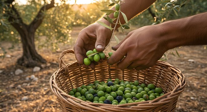 A person harvesting olives and placing them into a woven basket in an olive grove at sunset time