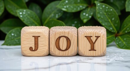Wood blocks spelling joy on marble surface with green leaves background