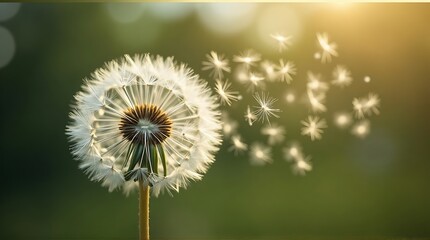 Fragile Dandelion Seeds Flying in Golden Sunlight, Symbol of Freedom and Wish