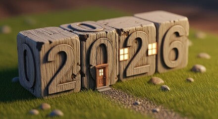 Wooden Blocks Forming the Year 2026 with a Tiny Door Concept