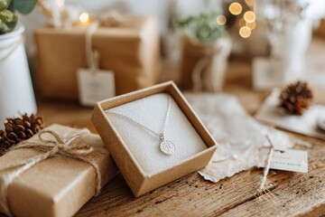 Elegant Silver Necklace in Gift Box Surrounded by Beautifully Wrapped Presents and Cozy Decorations for Festive Celebrations and Special Occasions