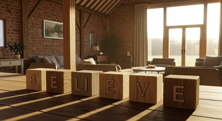 Wooden blocks spelling believe in a cozy and bright interior setting