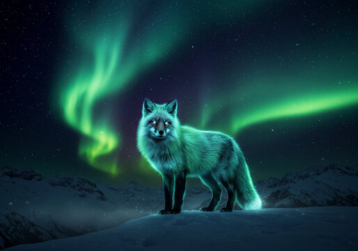 A fox stands on a snowy hill beneath a vibrant green aurora borealis in a dark, starry night sky.