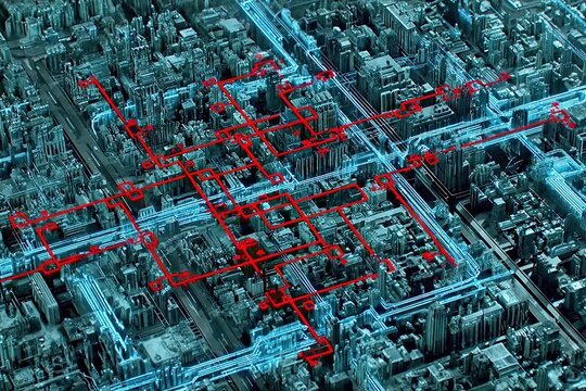 Aerial view dense city connected by bright red overlaying grid